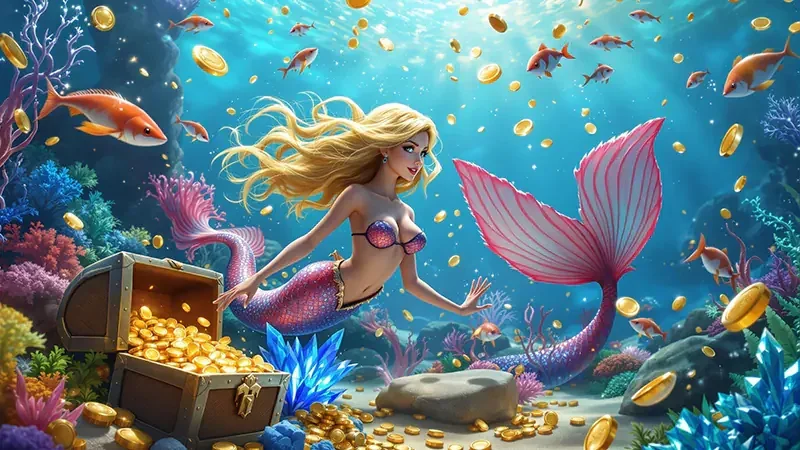 Visual permainan tembak ikan dengan suasana laut berwarna